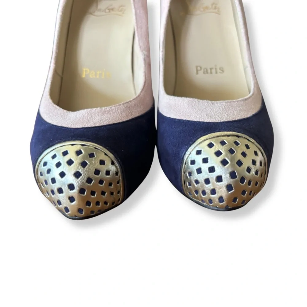 Christian Louboutin Navy and Blush Suede Pumps with Gold Cap-Toe